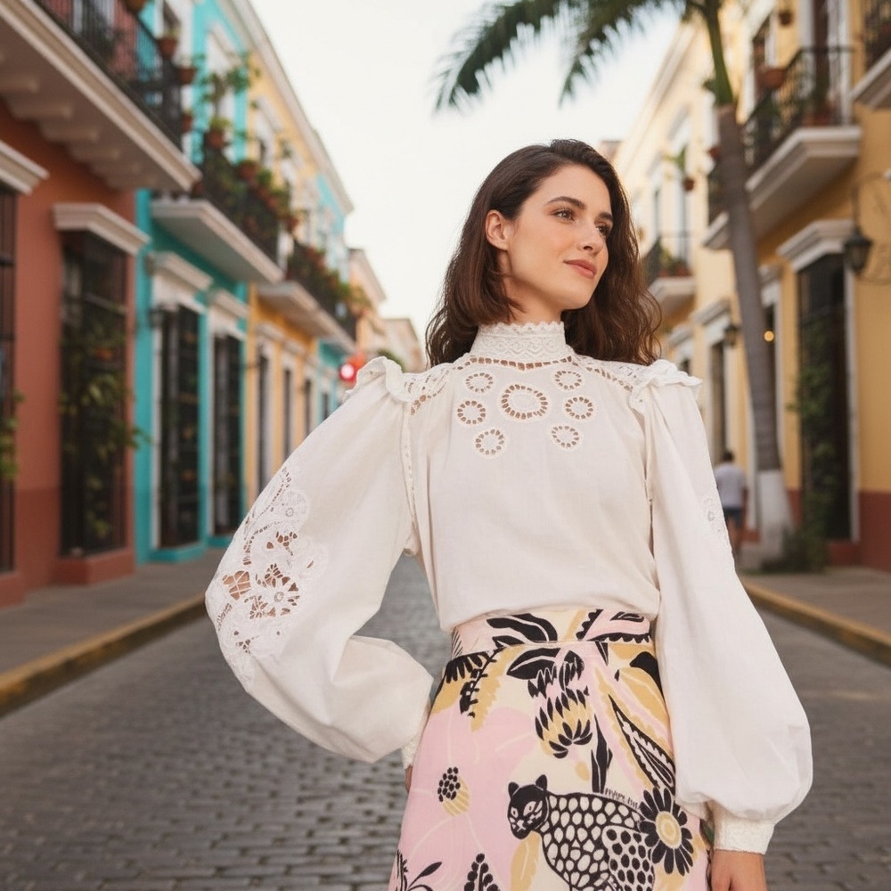 Farm Rio | Eyelet Lace Blouse Puff Sleeve Romantic Top | White | Size M